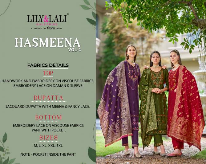 Hasmeena Vol 4 By Lily And Lali Viscose Embroidery Kurti With Bottom Dupatta Orders in India
